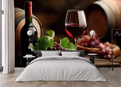 red wine glass and grapes with wine barrel in rustic setting Wall mural