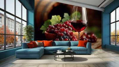 red wine glass with grapes and barrel in rustic setting Wall mural