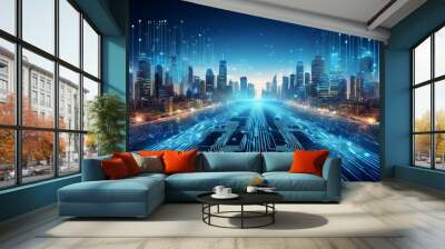 Smart city technology concept depicted with modern cityscape and digital circuit overlay. Wall mural