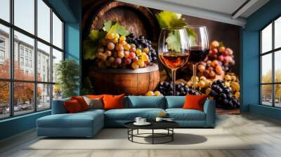 still ilife composition with red and white wine with mixed grapes and barrel in a rustic setting Wall mural