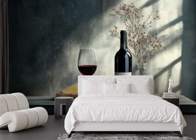 still life composition with red wine and grapes on rustic table with cheese and dried flowers Wall mural