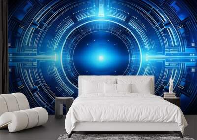 This photo displays a futuristic blue background with a prominent circular design at the center, creating an intriguing visual effect. Wall mural