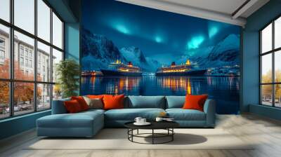 Two beautiful cruise ships docked in a Northern bay to enjoy the beauty of the Northern Lights Wall mural