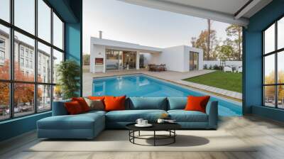 Modern house with garden swimming pool and wooden deck Wall mural