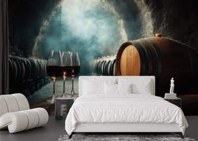 wine barrels and glasses with red wine in an atmospheric cellar Wall mural