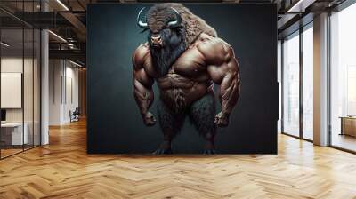 Full body of a strong buffalo in a gym. Bodybuilding genetics concept. Generative AI Technology Wall mural