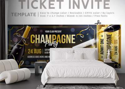 Gold champagne. Invitation Ticket. Ticket party, new year invite. elegant holiday party invitation. Flyers. 2019. invitations. invitation card, Template Wall mural