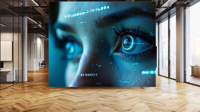 A person's eyes are shown in close-up double exposure with digital binary code, highlighting innovation and technology in the workplace.
 Wall mural