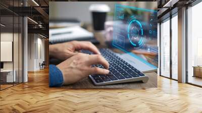 Software development concept - close-up of hands using a keyboard on a digital technology hologram screen. Software engineer and coding programmer 
 Wall mural