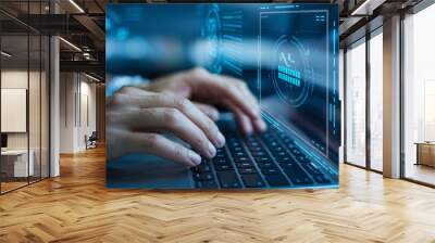 Software development concept - close-up of hands using a keyboard on a digital technology hologram screen. Software engineer and coding programmer 
 Wall mural