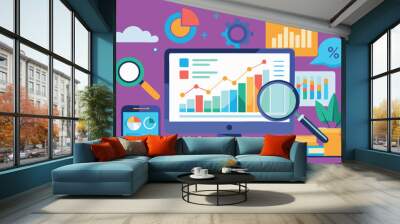 Statistics. Data analysis, focusing on business insights, graph and chart analytics, and statistical concepts. Utilizes digital tools for performance monitoring and analysis, using a magnifier  Wall mural