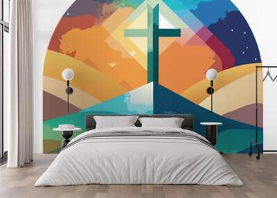 Vibrant colorful modern abstract cross of Christ on mountains at sunset.  
 Wall mural