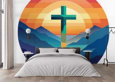 Vibrant colorful modern abstract cross of Christ on mountains at sunset.  
 Wall mural