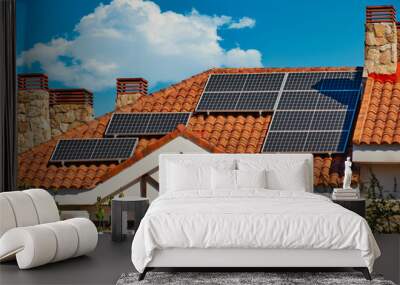 Roofs of single-family homes with solar panels and sky with a big cloud. Wall mural