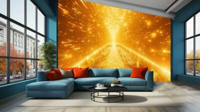 Futuristic golden pathway with light streaks and particles in a glowing tunnel. Wall mural