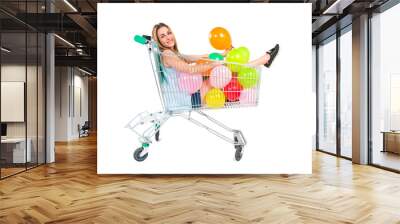 blonde pretty girl inside supermarket cart Wall mural