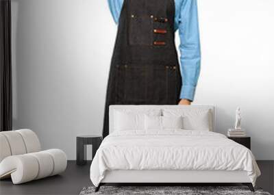 Full-length shot of Man with apron making phone gesture. Call me back sign over isolated white background Wall mural