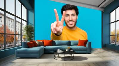 Handsome over isolated blue wall smiling and showing victory sign Wall mural