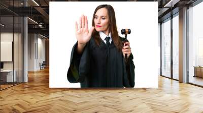 Judge caucasian woman  over isolated background making stop gesture and disappointed Wall mural