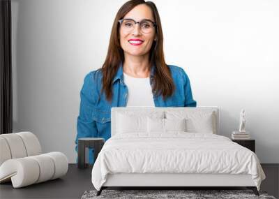 Middle age woman over isolated chroma key background with glasses and happy Wall mural