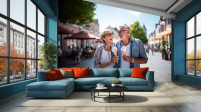 Middle aged couple at outdoors with a cornet ice cream Wall mural