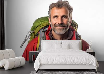 Middle aged man over isolated white background with mountaineer backpack Wall mural