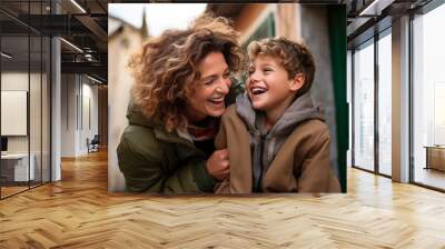 Mother and son at outdoors Wall mural