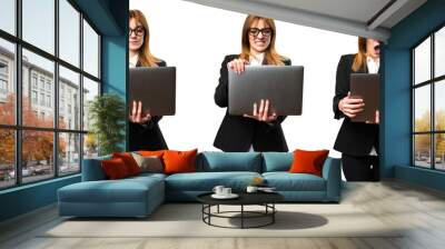 Set of Young business woman with laptop Wall mural