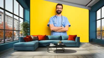 Surgeon doctor man with glasses and happy Wall mural