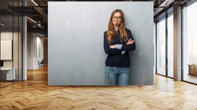 Telemarketer woman with glasses and happy Wall mural