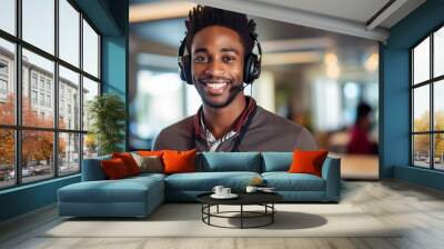 Young African American man with telemarketer headset Wall mural