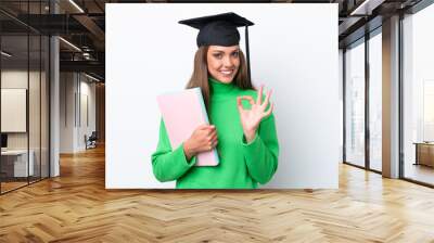 Young student caucasian woman isolated on white background showing ok sign with fingers Wall mural