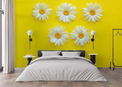 Large daisies laid out in the form of a triangle on a yellow background. Frame for text.  triangle lesbian symbol. Wall mural