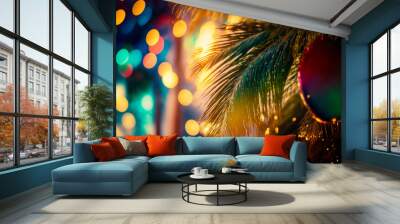 tropical paradise beach scene with a palm tree and banner, scenic string lights in the background, celebration by the beach, bokeh, Generative AI Wall mural