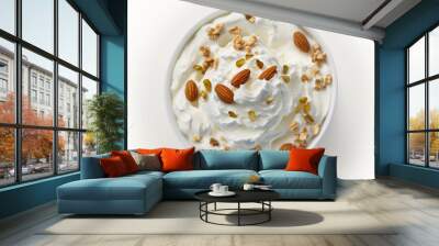 Greek yogurt, nuts, white background, food, breakfast, snack, healthy eating Wall mural