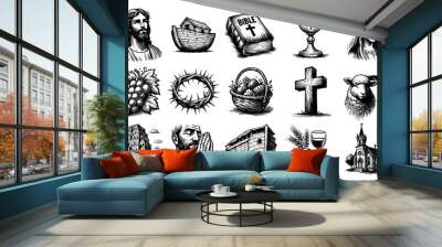 artistic collection of christian attributes, hand-drawn in black and white with spiritual significance Wall mural