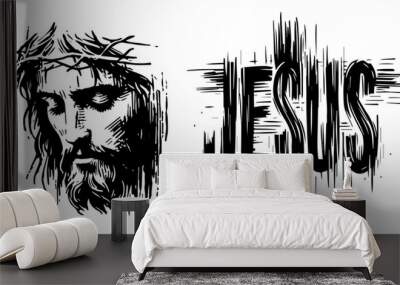 christian faith elements illustrated in elegant line art style black vector Wall mural