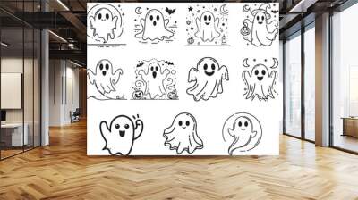 collection of black and white halloween ghost vector graphics doodle style  Wall mural