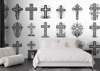 collection of hand-drawn christian crosses in black and white vector illustrations Wall mural