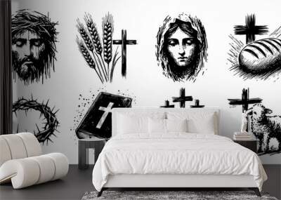 collection of hand-drawn christian icons and attributes, highlighting spiritual themes in black and white Wall mural