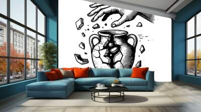 cracked pottery with hand – hand-drawn antique vector illustration Wall mural