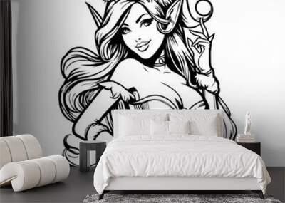 enchanted pin up elf girl in minimalist line art style black vector Wall mural