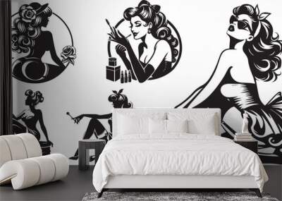 illustration of a pin-up girl set, beauty womans Wall mural