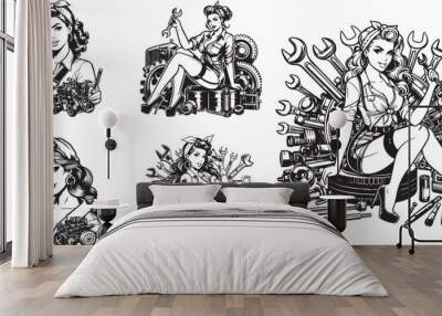 mechanic women beauty hand drawing pin-up girl, set Wall mural