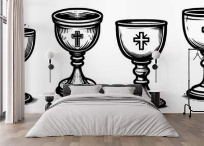 minimalist religious chalices set in black and white vector collection Wall mural