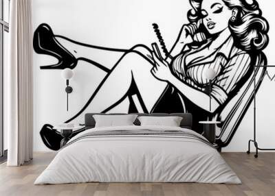 pin up girl secretary vintage style line art black vector Wall mural