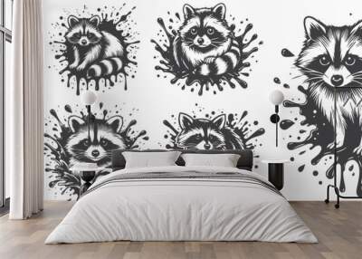 raccoon splash in black and white vector graphics Wall mural