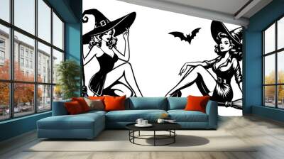 retro pin up witch girl illustration in halloween outfit black and white vector graphic Wall mural