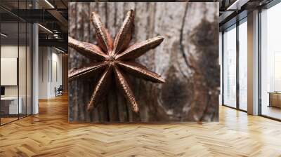 Brown star anise, east asian spice on wood background Wall mural