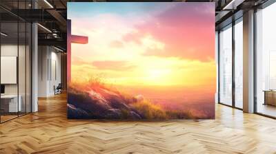 A cross atop the hill with a beautiful sunrise in the background, an Easter-themed background with copy space for text Wall mural